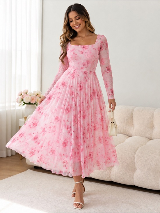 BTFBM Dresses & Skirts - Blush Pink Floral Long-Sleeve Midi Dress with Square Neck Size L